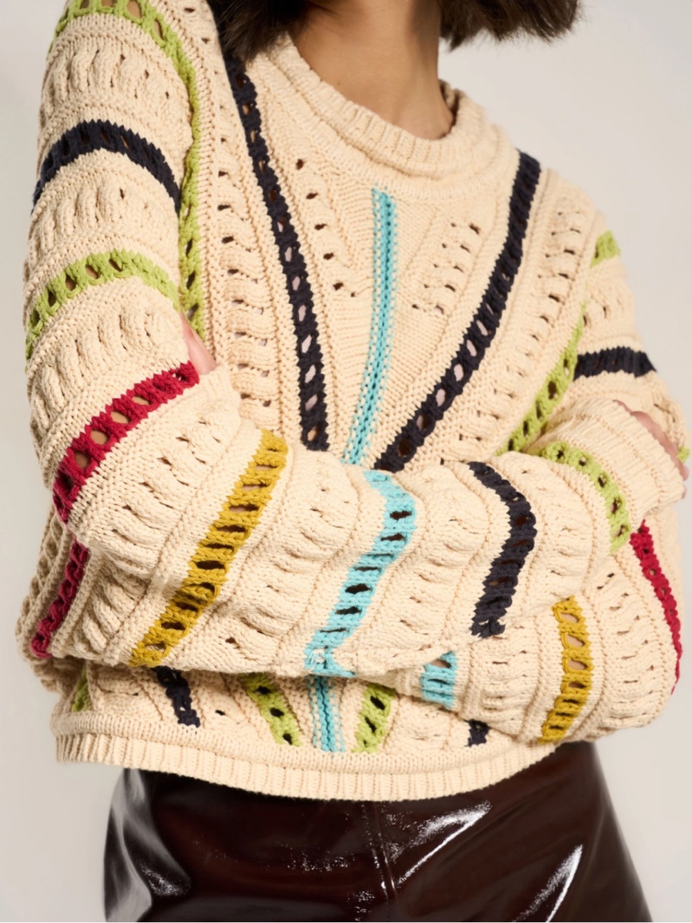 Callahan Cream Open-Knit Crewneck Sweater with Multi Stripes
